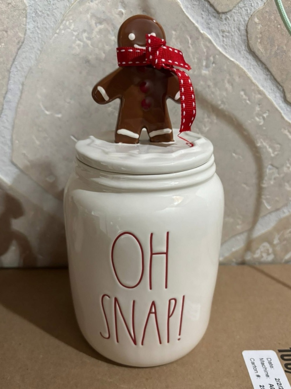 Rae Dunn White Ceramic "OH SNAP!" Cookie Jar with Gingerbread Lid and Red Ribbon